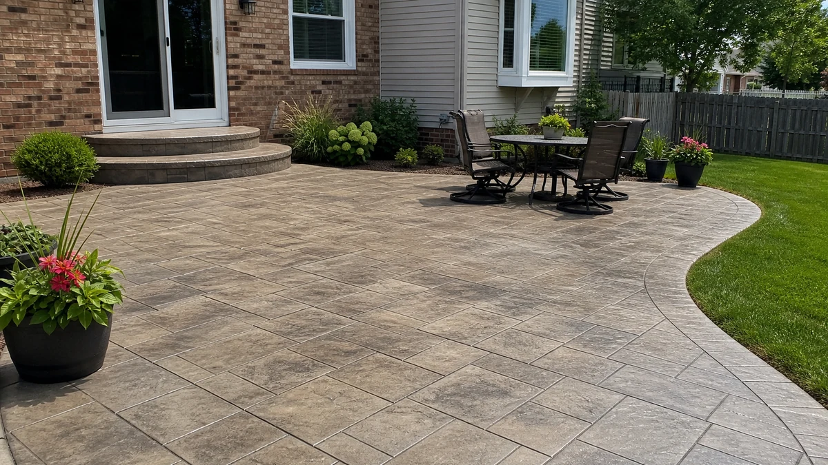 New finished stamped concrete patio Kenosha Wisconsin Kenosha County ashlar slate pattern sealed backyard outdoor living space