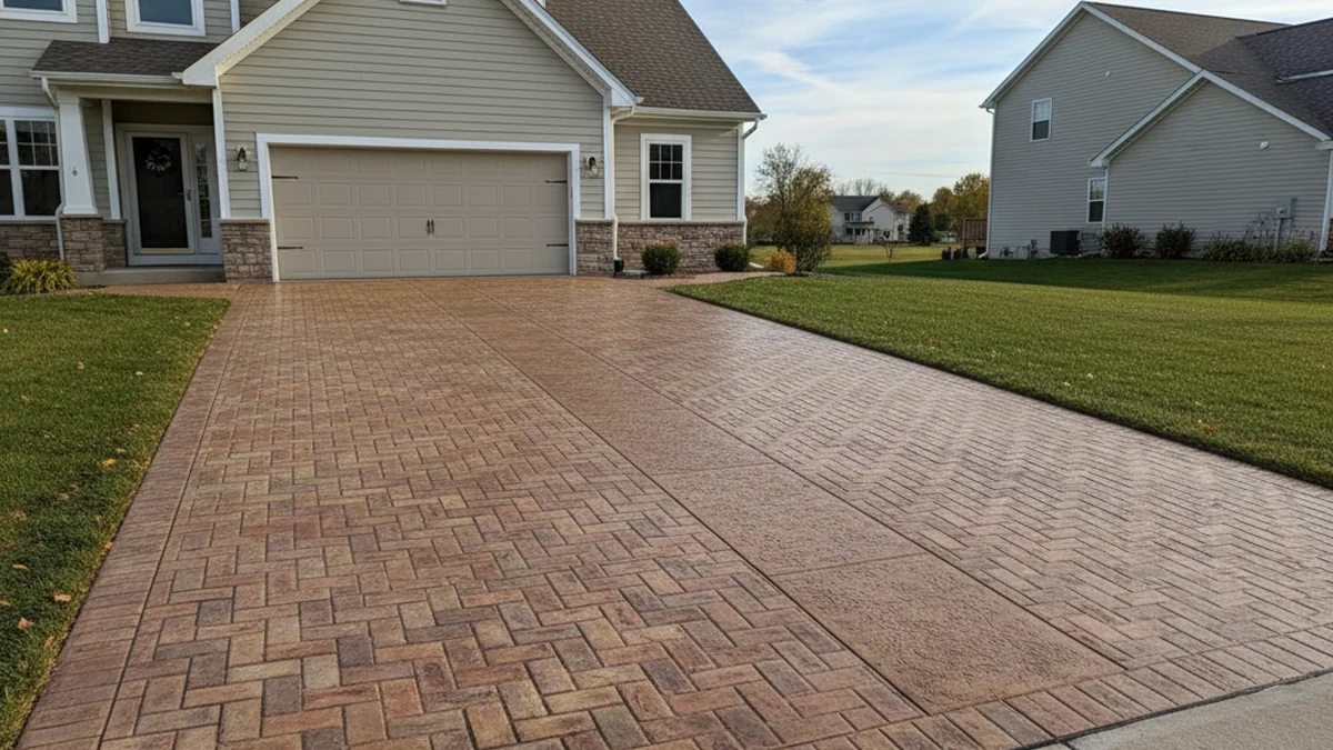 Stamped concrete driveway Kenosha Wisconsin Kenosha County brick pattern air-entrained residential
