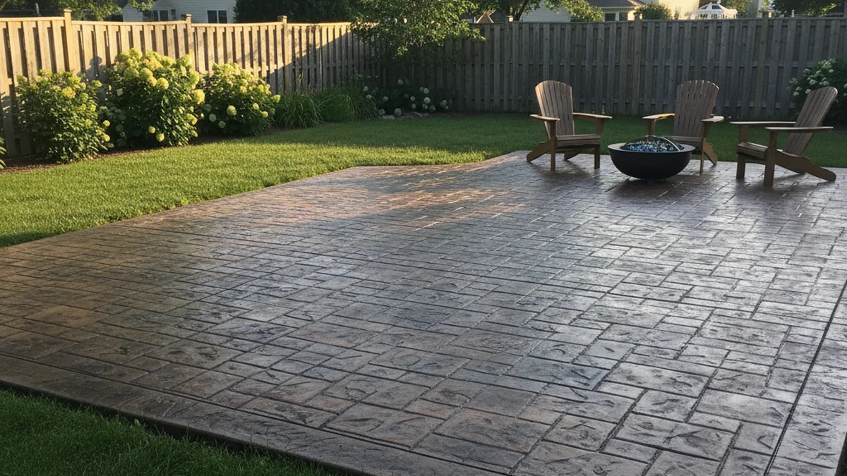 Completed stamped concrete patio Kenosha Wisconsin Kenosha County cobblestone pattern air-entrained sealed freeze-thaw resistant