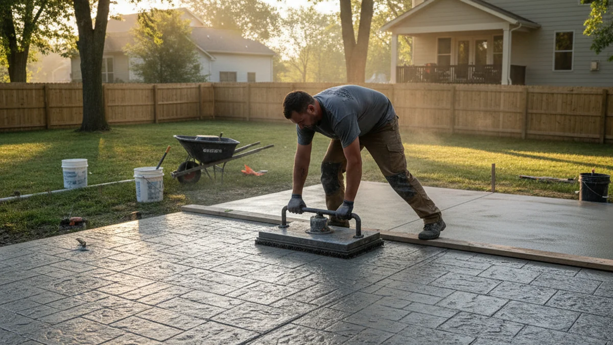 Concrete contractor stamping patio surface Kenosha Wisconsin summer pour early morning timing air-entrained mix