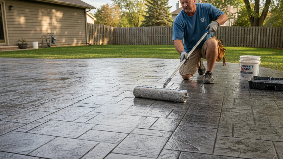 Stamped concrete sealing process Kenosha Wisconsin Kenosha County freeze-thaw protection color preservation Matt
